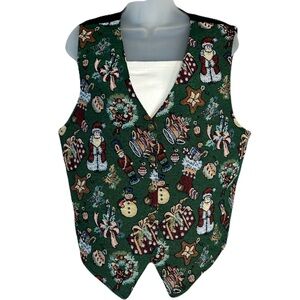 Vtg Bobbie‎ Brooks Women Holiday Christmas Vest Sz L Tapestry 90s Novelty Green